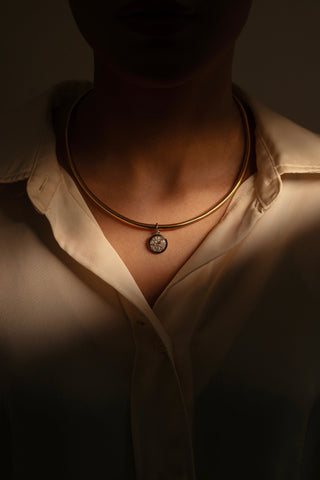 Gold Torque Necklace with Illusion Diamond Pendant - Noor Monnoo